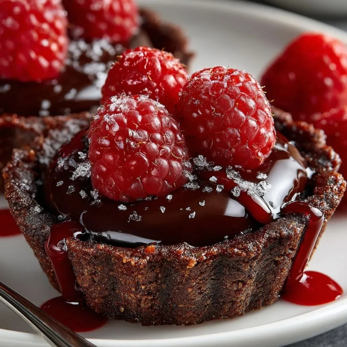 Mini Chocolate Raspberry Tartlets, a delightful dessert with a glossy ganache and fresh berries.
