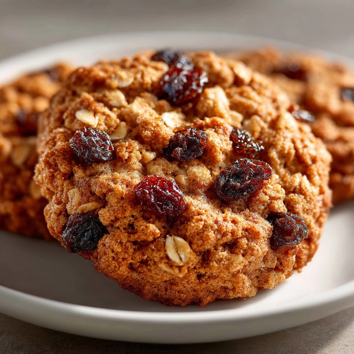 Warm, chewy Oatmeal Cinnamon Raisin Cookies, fresh-baked with a golden hue and plump raisins.