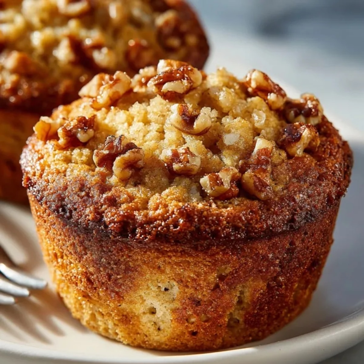 Golden Apple Walnut Breakfast Muffins, warm from the oven, smell of cinnamon and nuts.