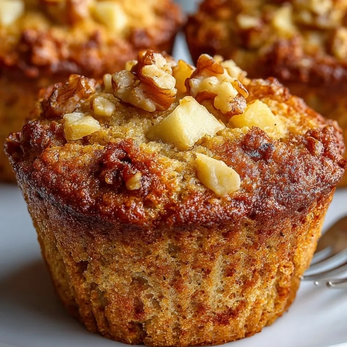 Homemade Apple Walnut Breakfast Muffins: Fluffy, moist, and ready to top with butter.