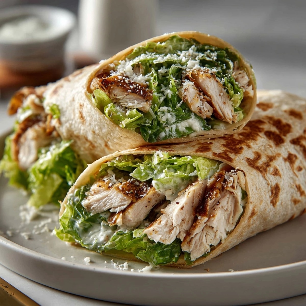 Golden grilled chicken and crisp romaine visible in these delicious Classic Chicken Caesar Wraps recipe.