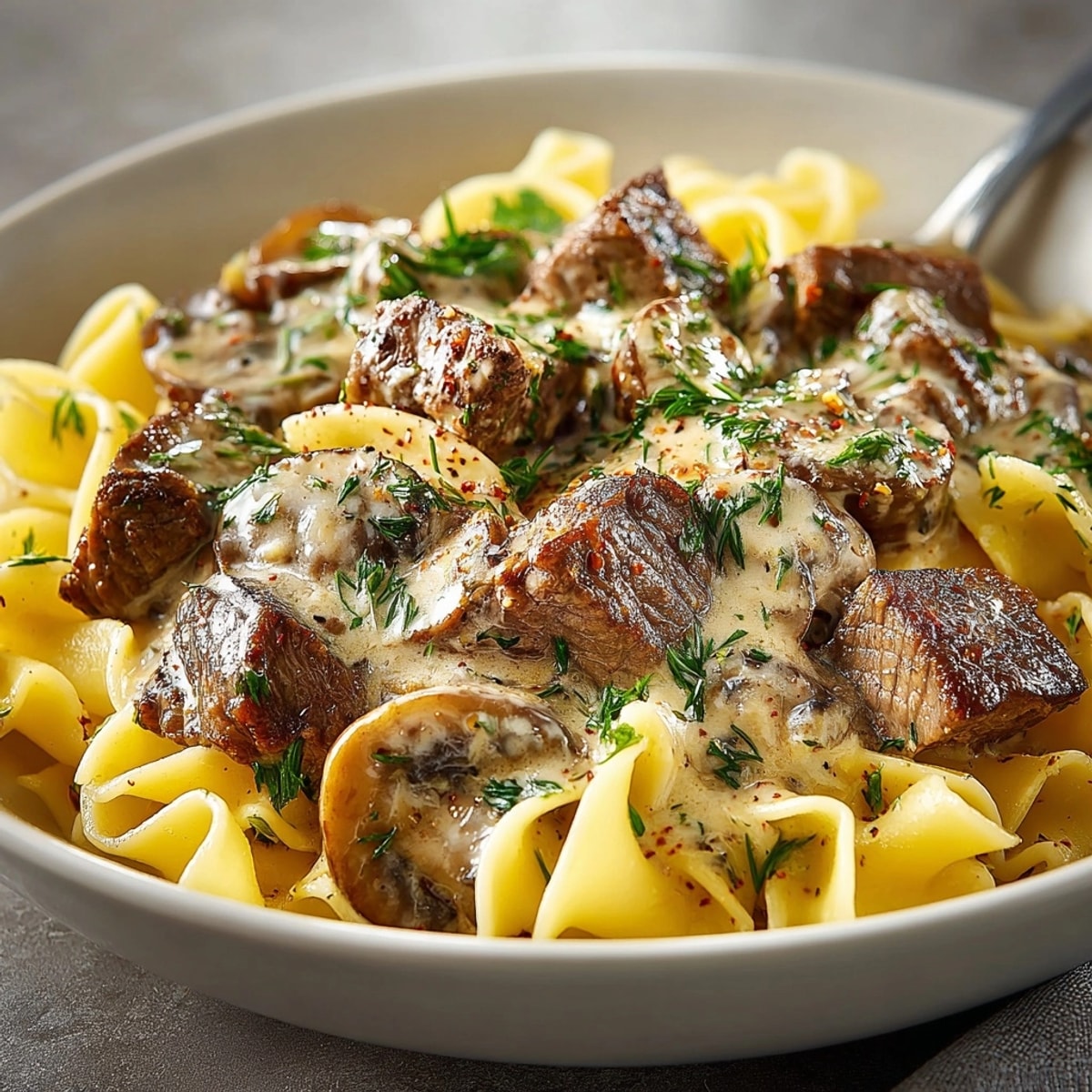 Creamy Beef and Mushroom Stroganoff recipe simmering, rich aroma filling the kitchen.