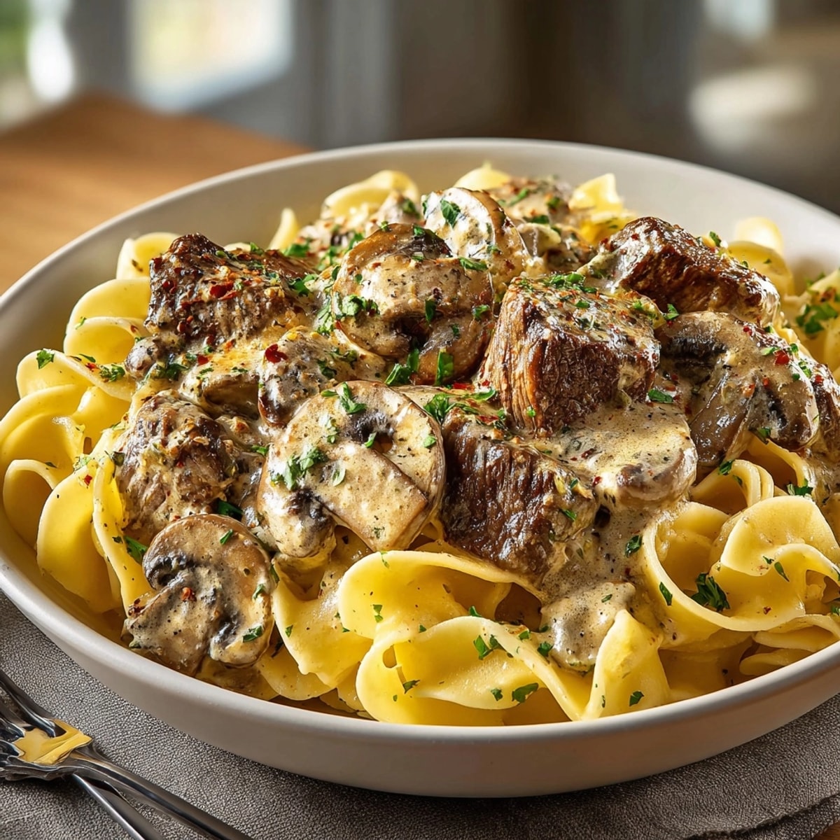 Golden brown Beef and Mushroom Stroganoff, ready to serve over egg noodles.