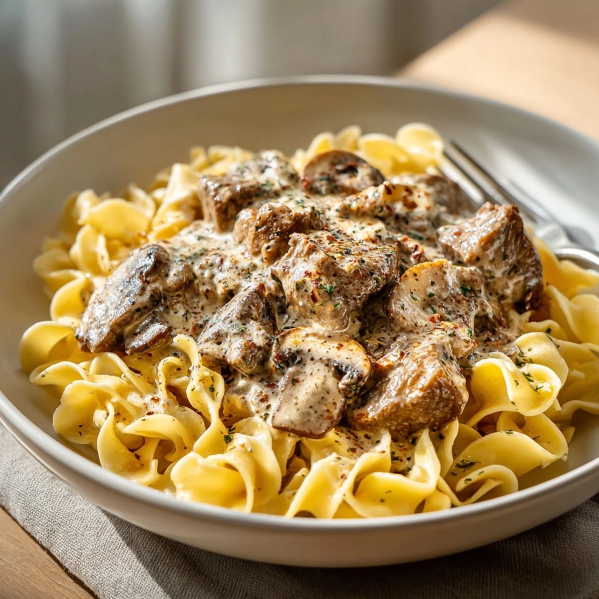 Comforting Beef and Mushroom Stroganoff: Tender beef, earthy mushrooms in delicious sour cream sauce.