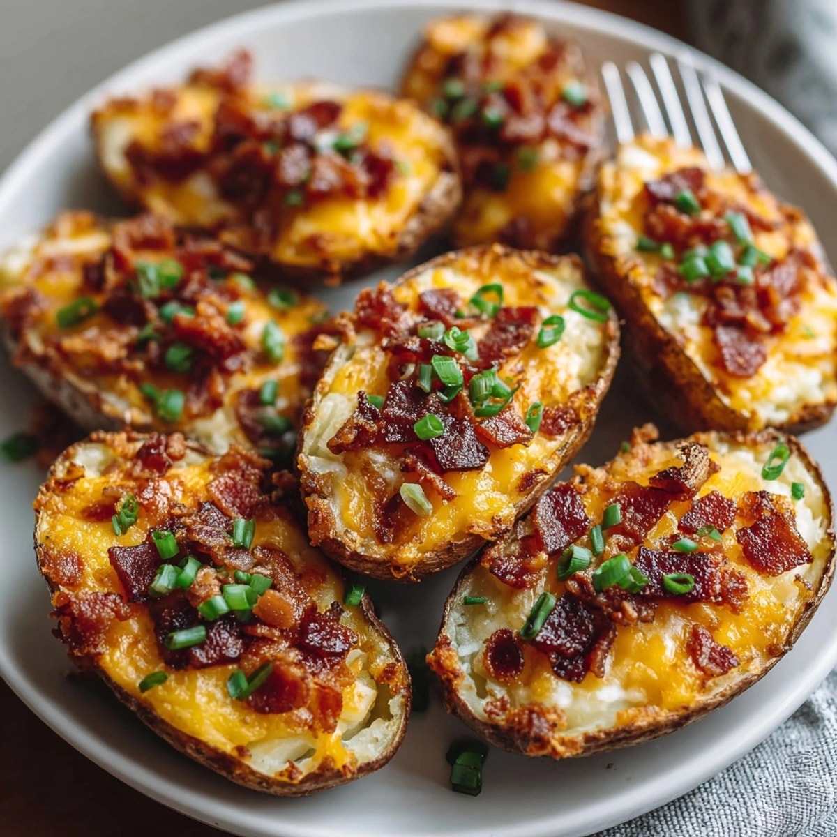 Baked Cheesy Bacon Potato Skins: creamy potato, crispy bacon, topped with melted cheese.