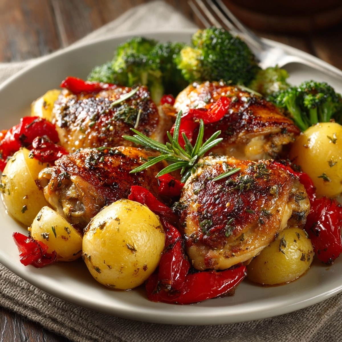 Sheet pan garlic herb chicken and veggies, golden brown and ready for dinner.