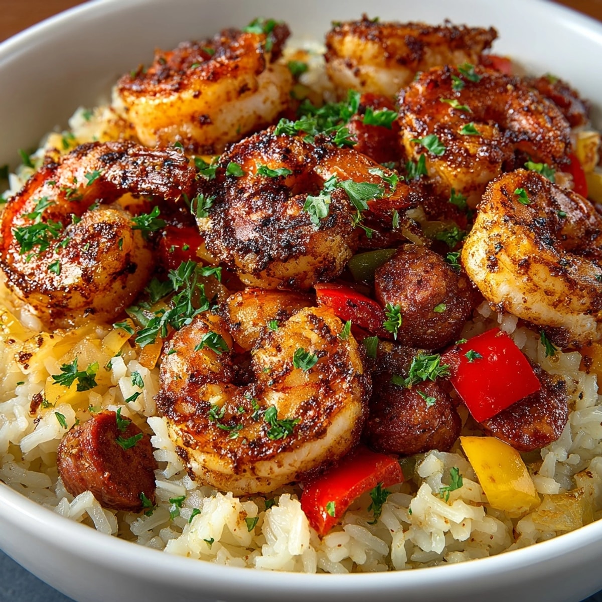 Close-up of vibrant One-Pot Cajun Shrimp and Rice, a quick weeknight dinner.
