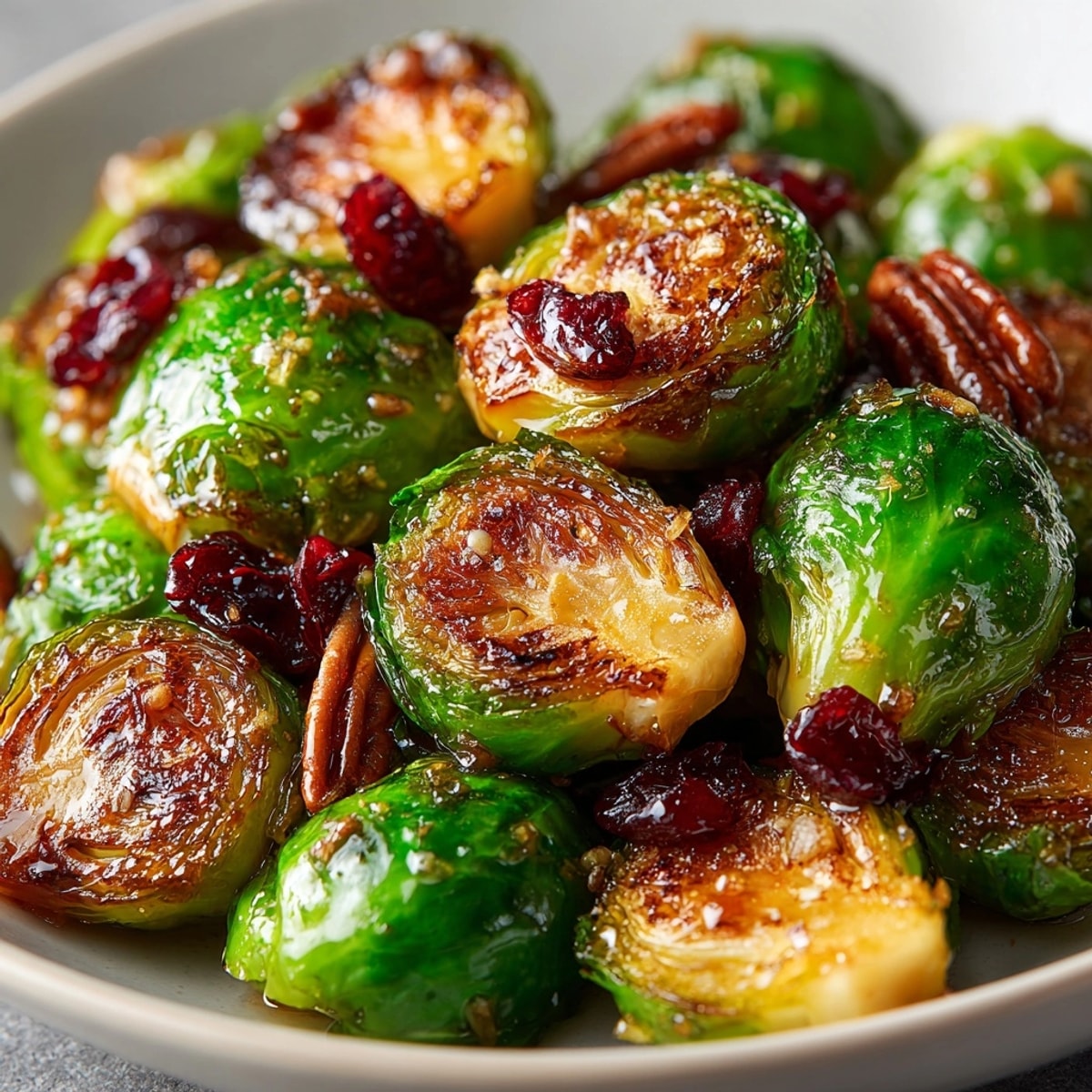Golden Maple Roasted Brussels Sprouts, glistening with syrup, a savory Thanksgiving side dish.