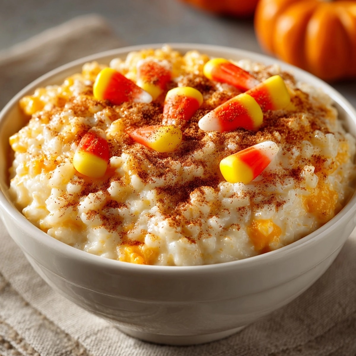 Creamy pumpkin spice rice pudding, topped with colorful candy corn, warm autumn dessert.