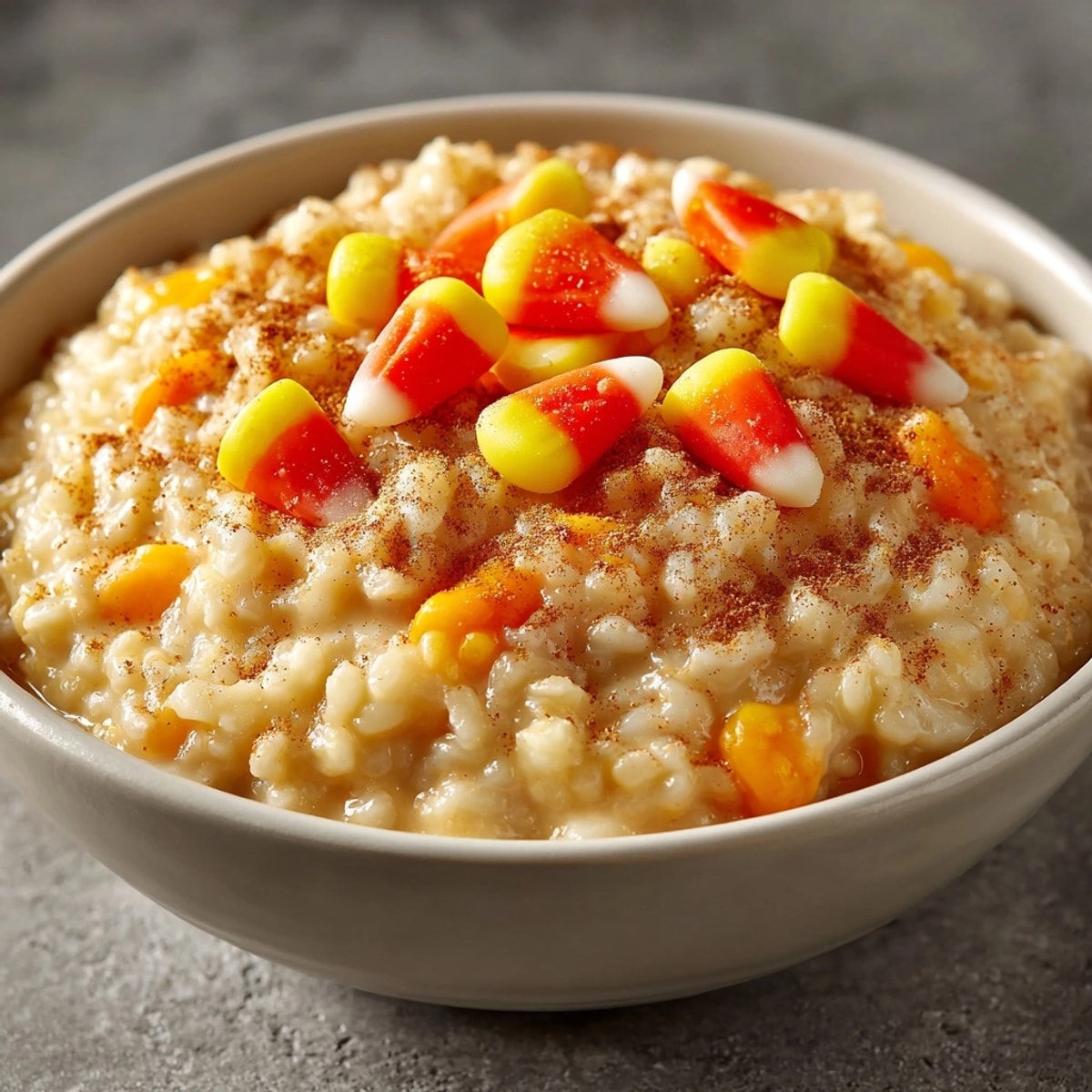 Bowl of rich pumpkin spice rice pudding, a spoonful with candy corn topping.