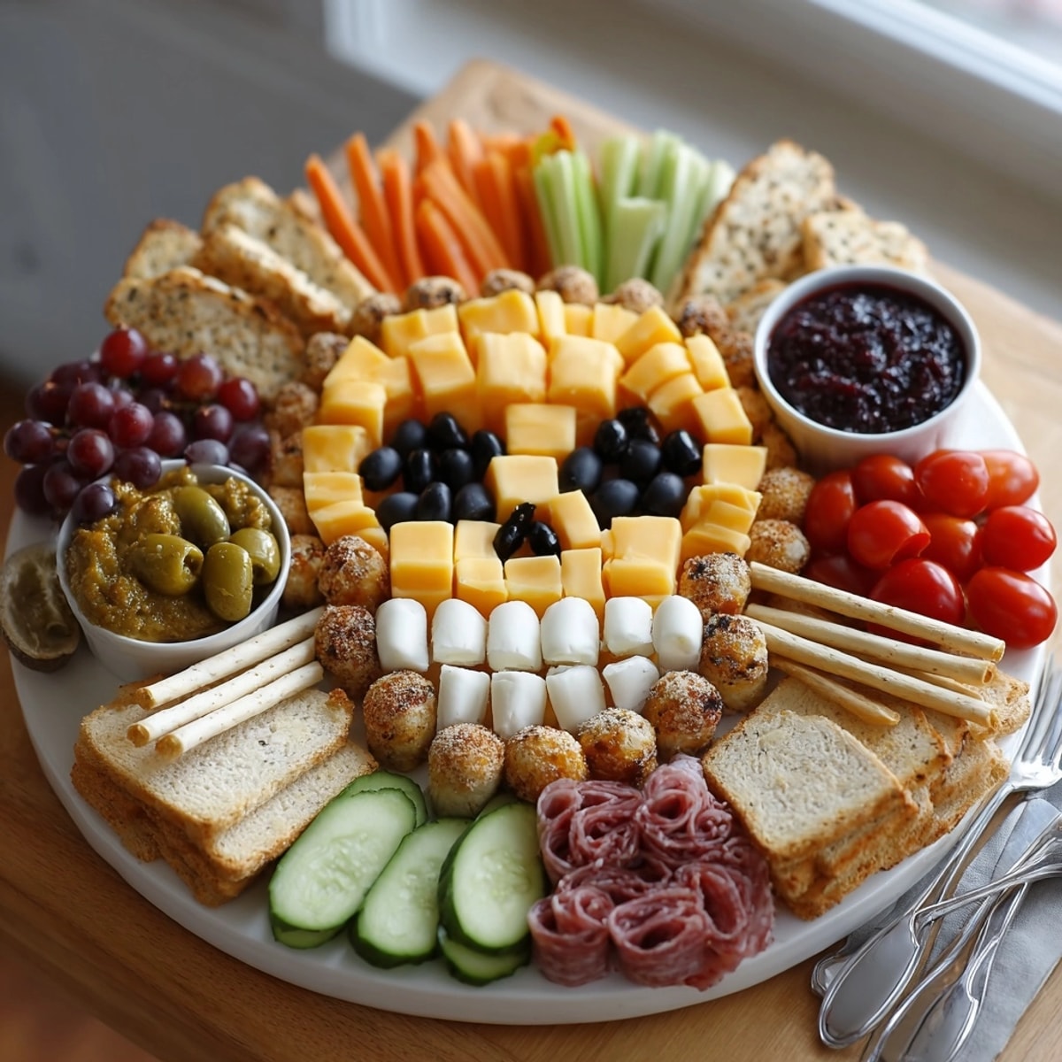 A spooky Skeleton Charcuterie Meat & Cheese Board with olives creating eye sockets.