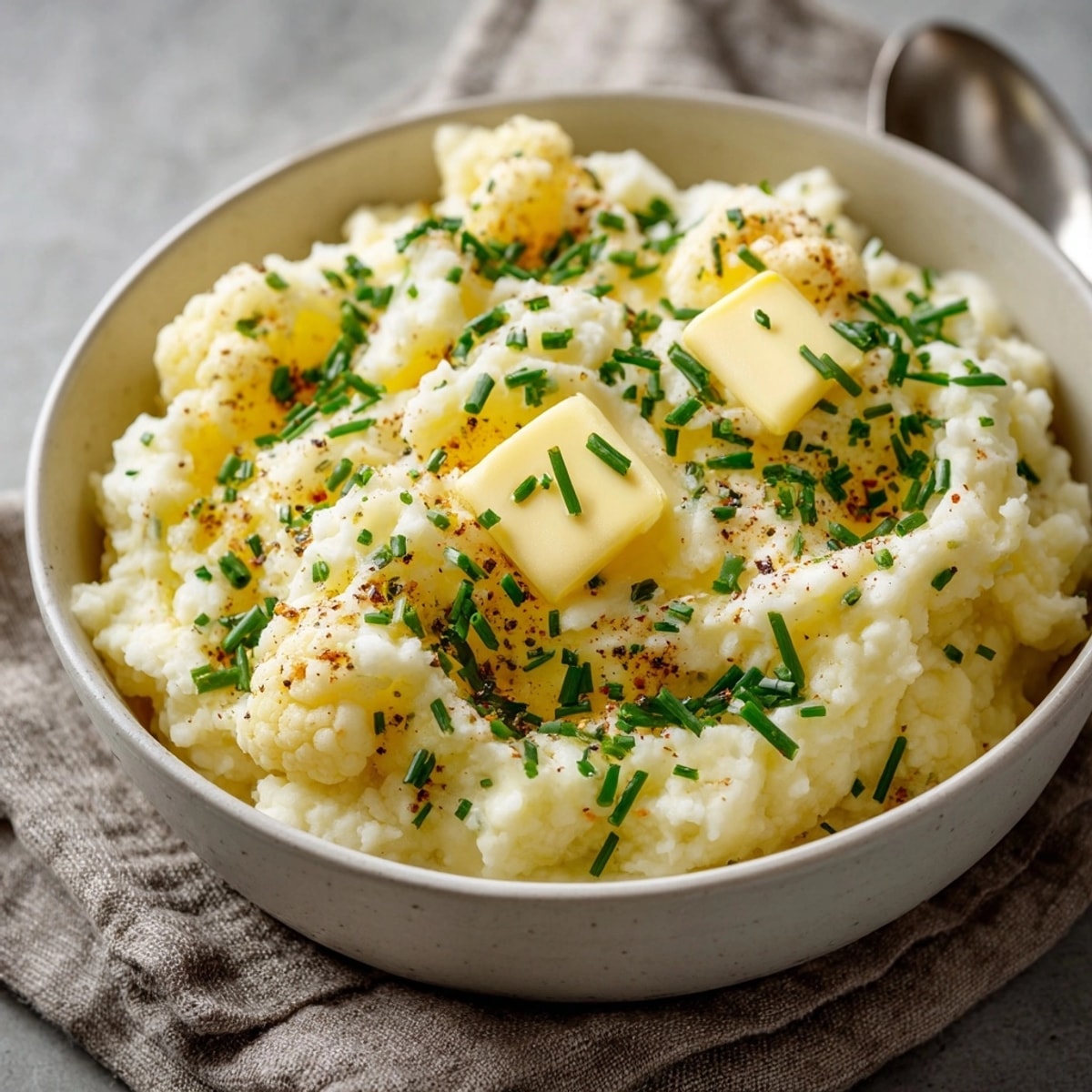 Close-up of creamy Cauliflower “Mashed Potatoes” with Chives dotted with fresh, bright green herbs.