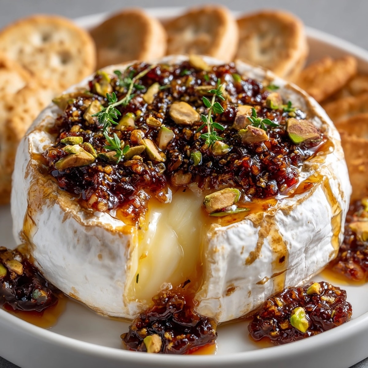 Mouthwatering Baked Brie with Fig Jam and Pistachios, golden and gooey from the oven.