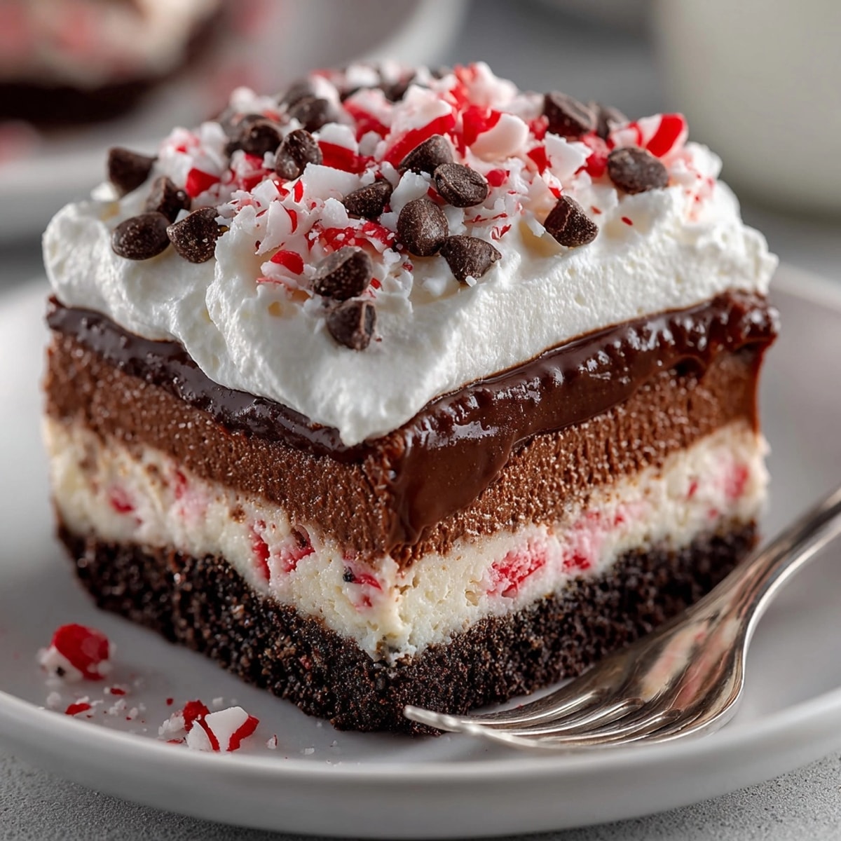 Close-up of decadent Chocolate Peppermint Lasagna layers: cookies, chocolate pudding, and creamy peppermint.