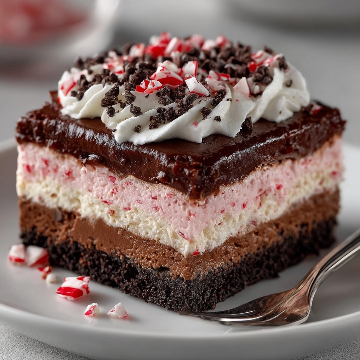 No-bake Chocolate Peppermint Lasagna with crushed candy canes and chocolate chips, ready to chill.
