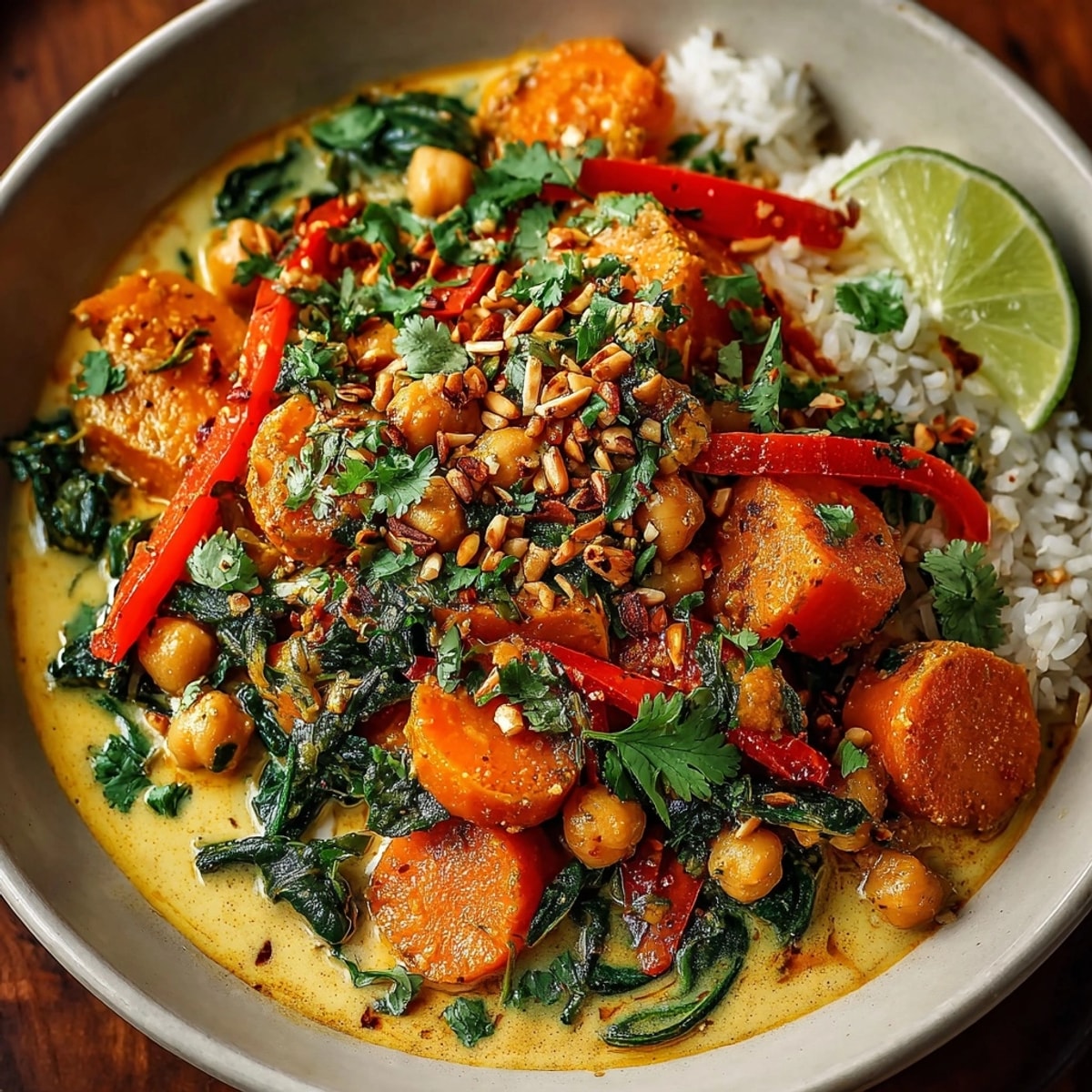 A warm bowl of Spiced Pumpkin Curry: colorful, fragrant with Indian spices.