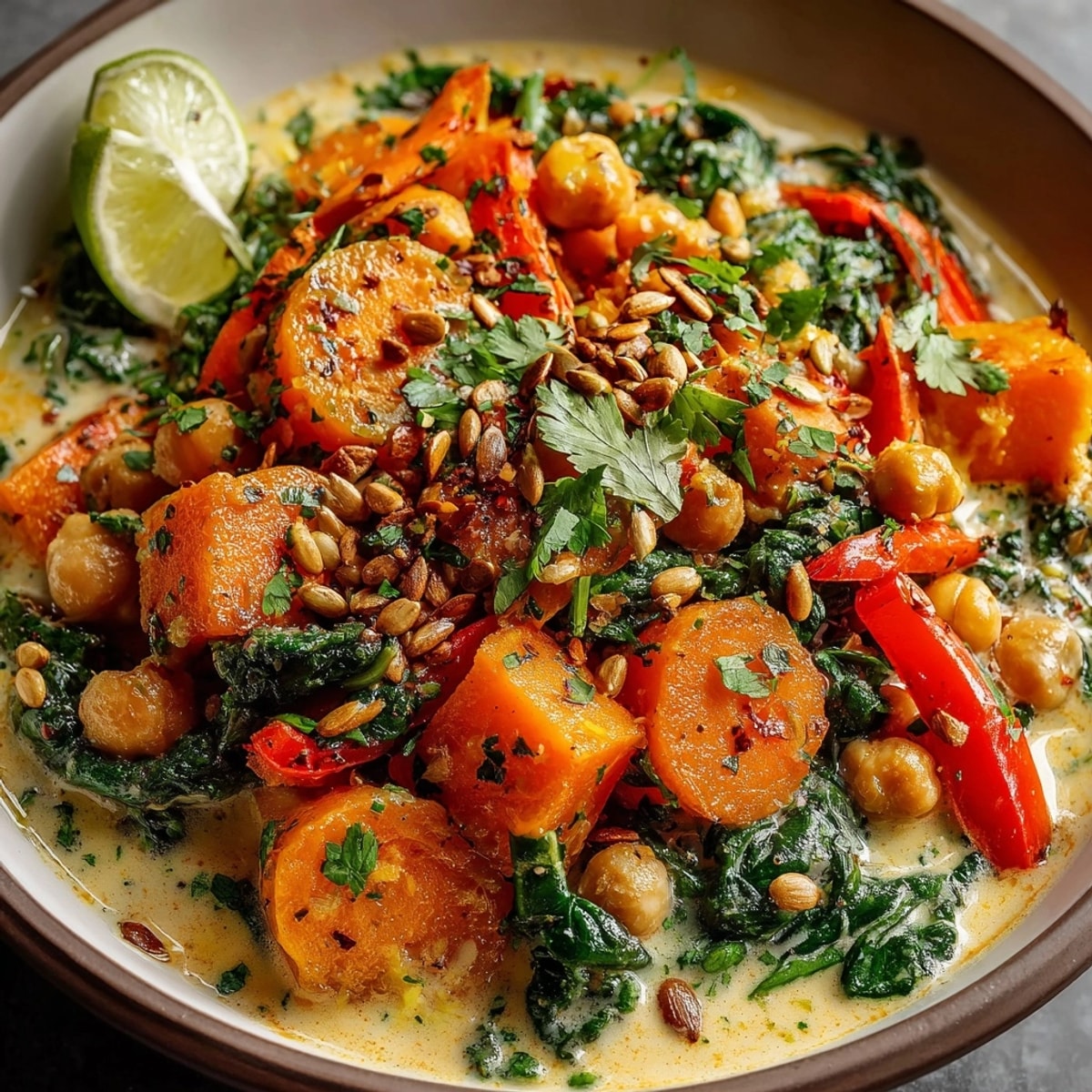 One-pot Spiced Pumpkin Curry showcasing creamy coconut milk and vibrant autumn vegetables.