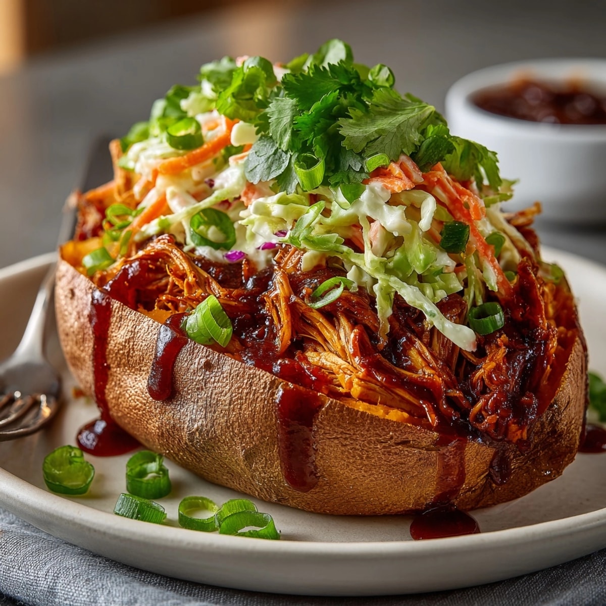 Fluffy baked sweet potato stuffed with tangy BBQ jackfruit and creamy cold slaw.