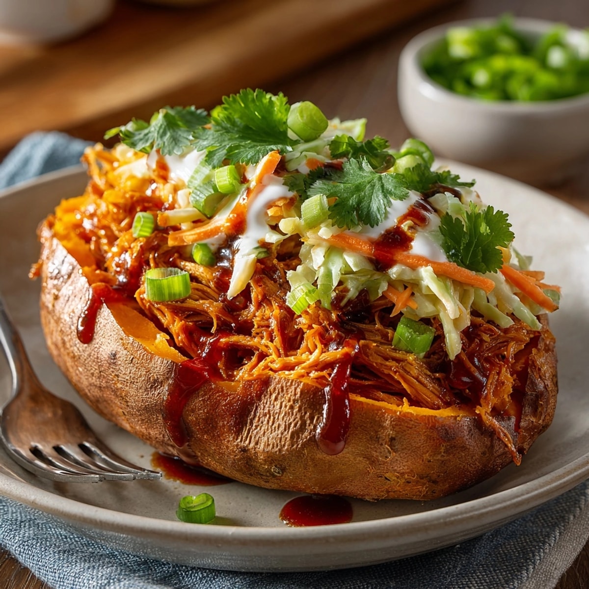 Vegan BBQ Jackfruit Stuffed Sweet Potatoes, a hearty, healthy plant-based American main dish.