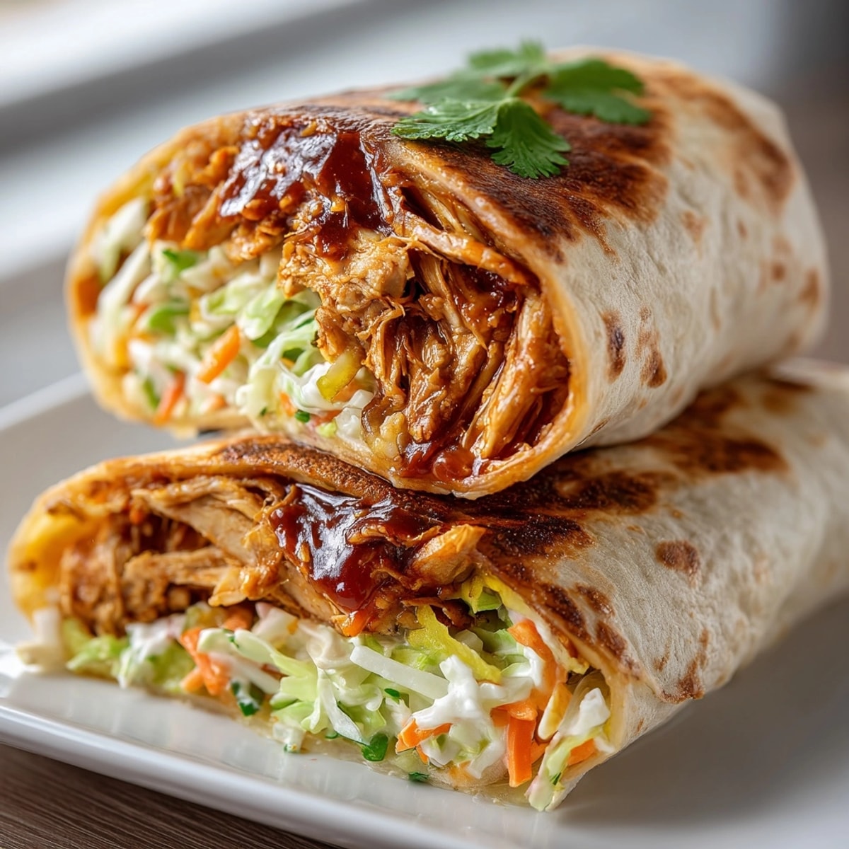 Close-up of juicy BBQ Chicken Pickle Slaw Wraps, a sweet, tangy, savory lunch idea.