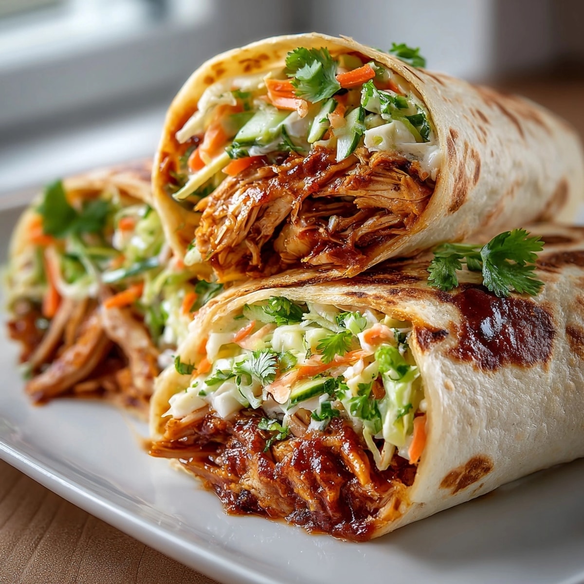 Golden BBQ Chicken Pickle Slaw Wraps, ready to eat, a perfect no-fuss weeknight dinner.