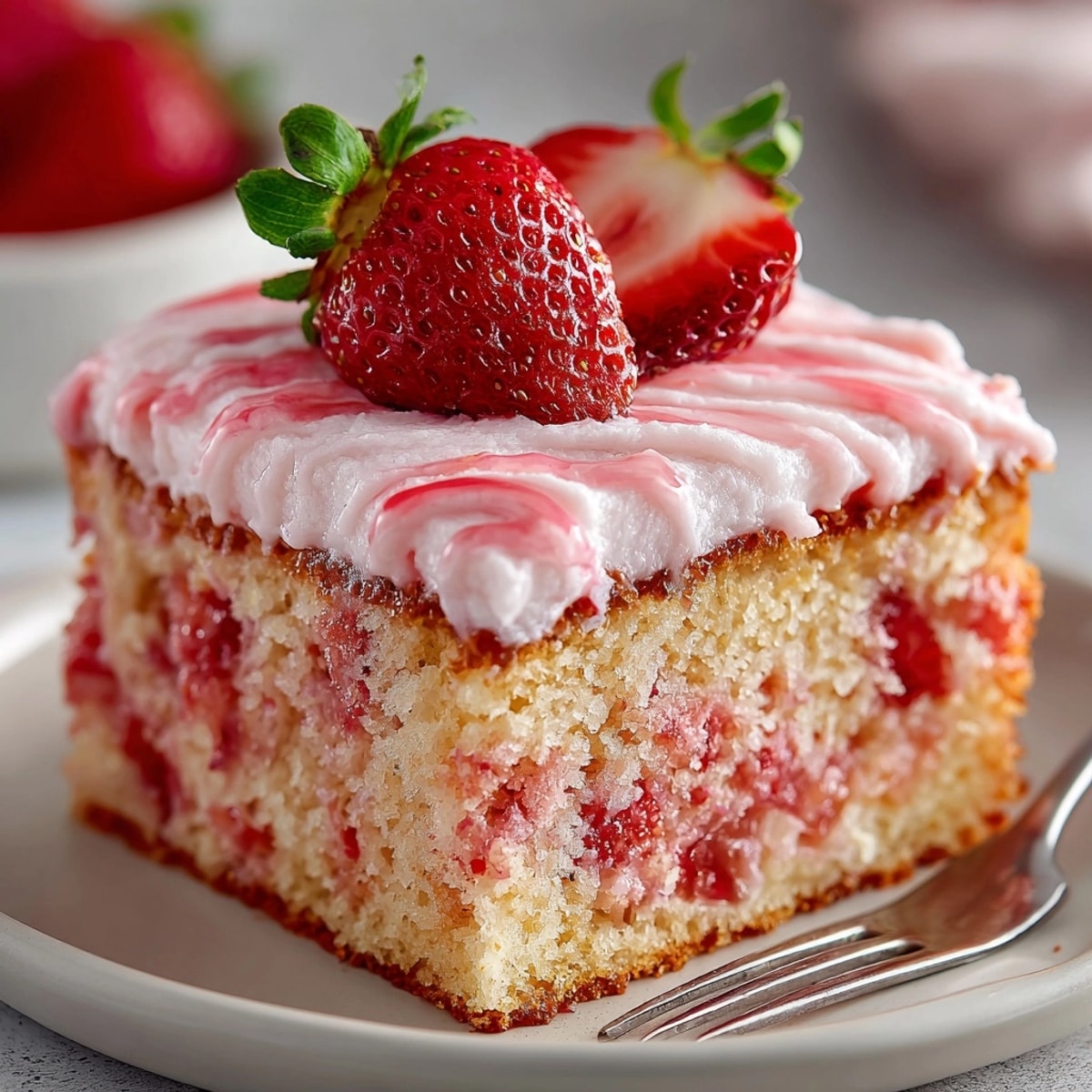 Close-up of luscious viral strawberry cake, pink frosting, and fresh berry garnish.