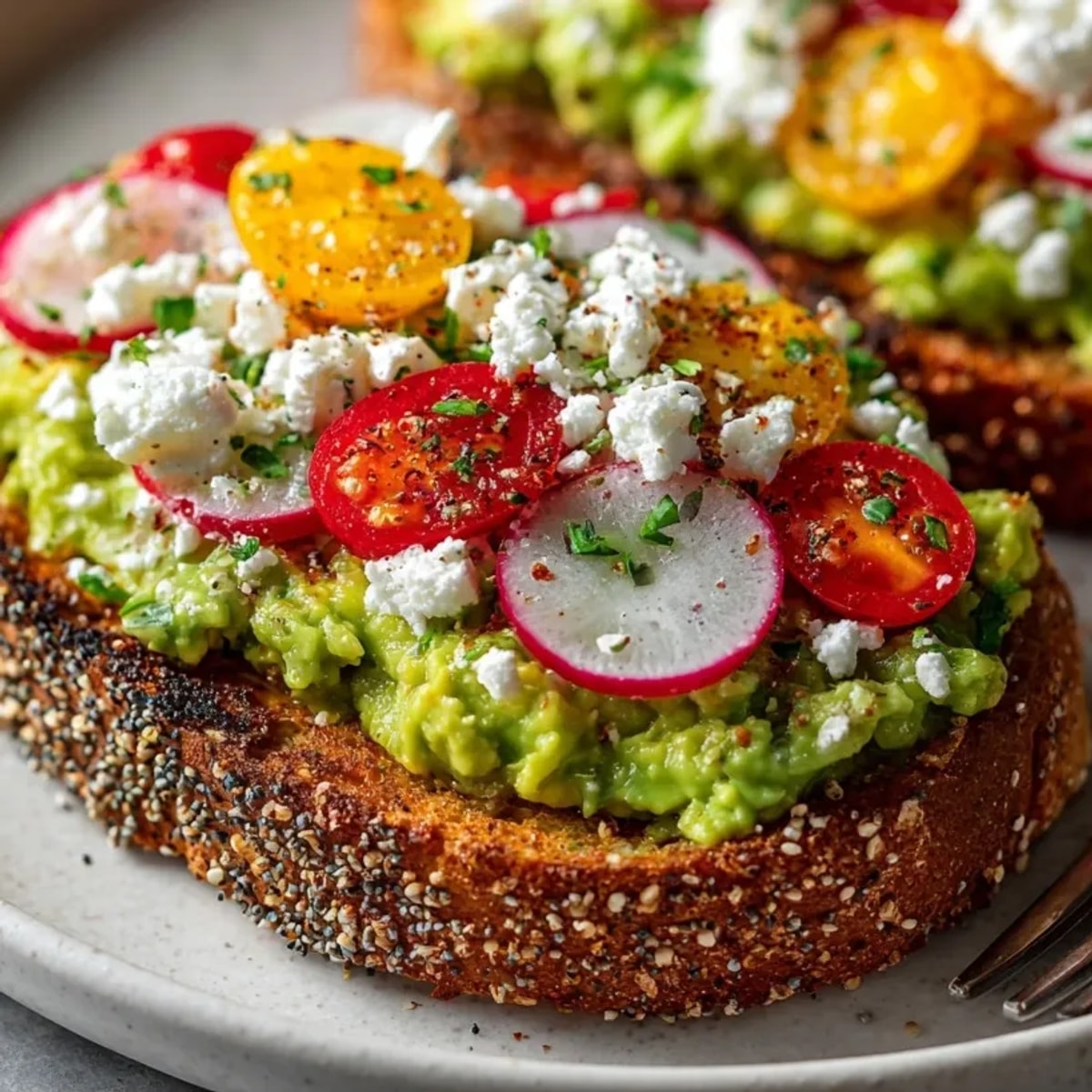 Golden-brown Everything Bagel Avocado Toast awaits, seasoned deliciously, ready to be enjoyed.
