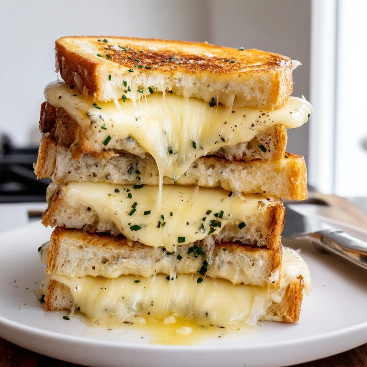 Golden Four Cheese Truffle Grilled Cheese, oozing with melted cheese, ready to slice.