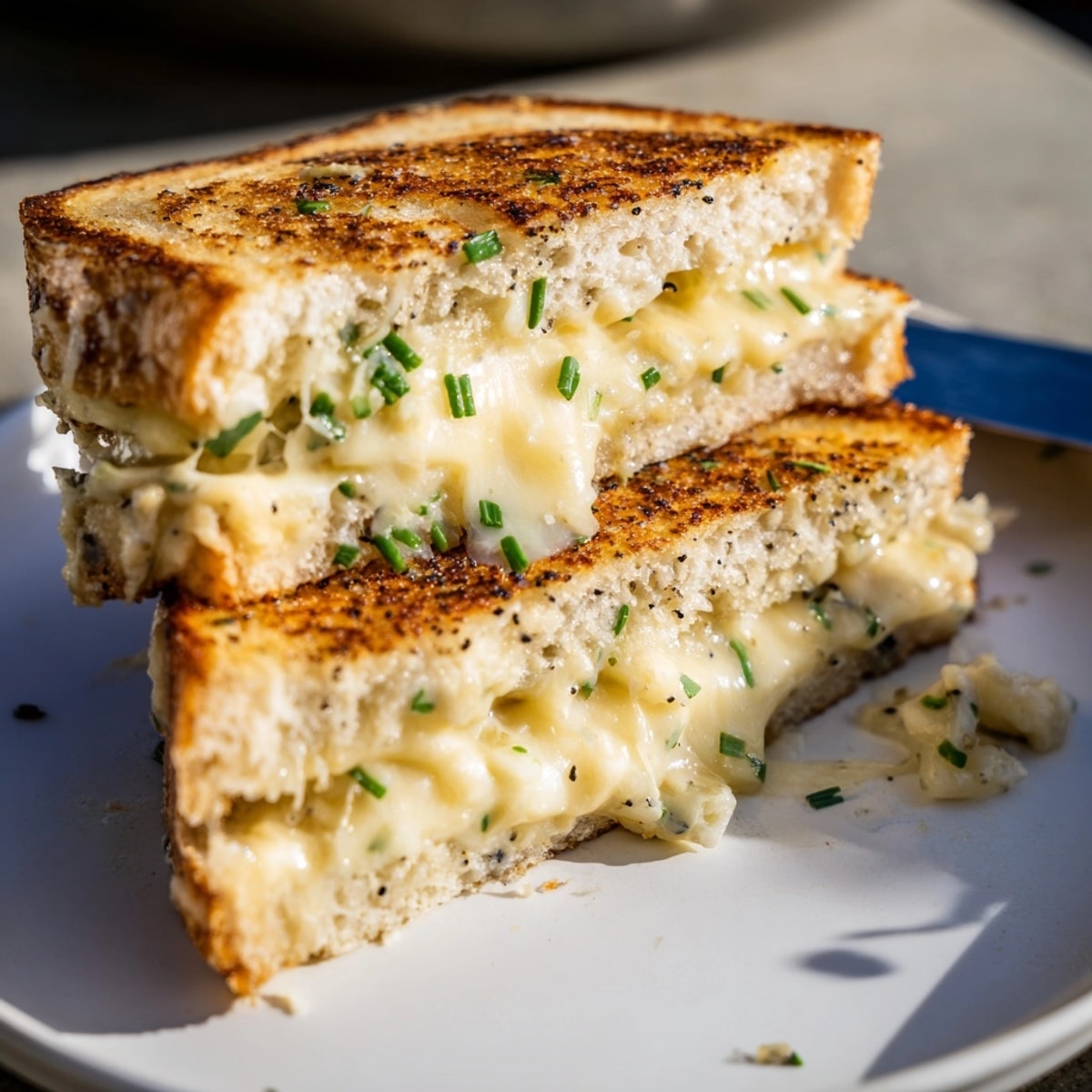 Hot Four Cheese Truffle Grilled Cheese sandwich with cheese pull, perfect for lunch.