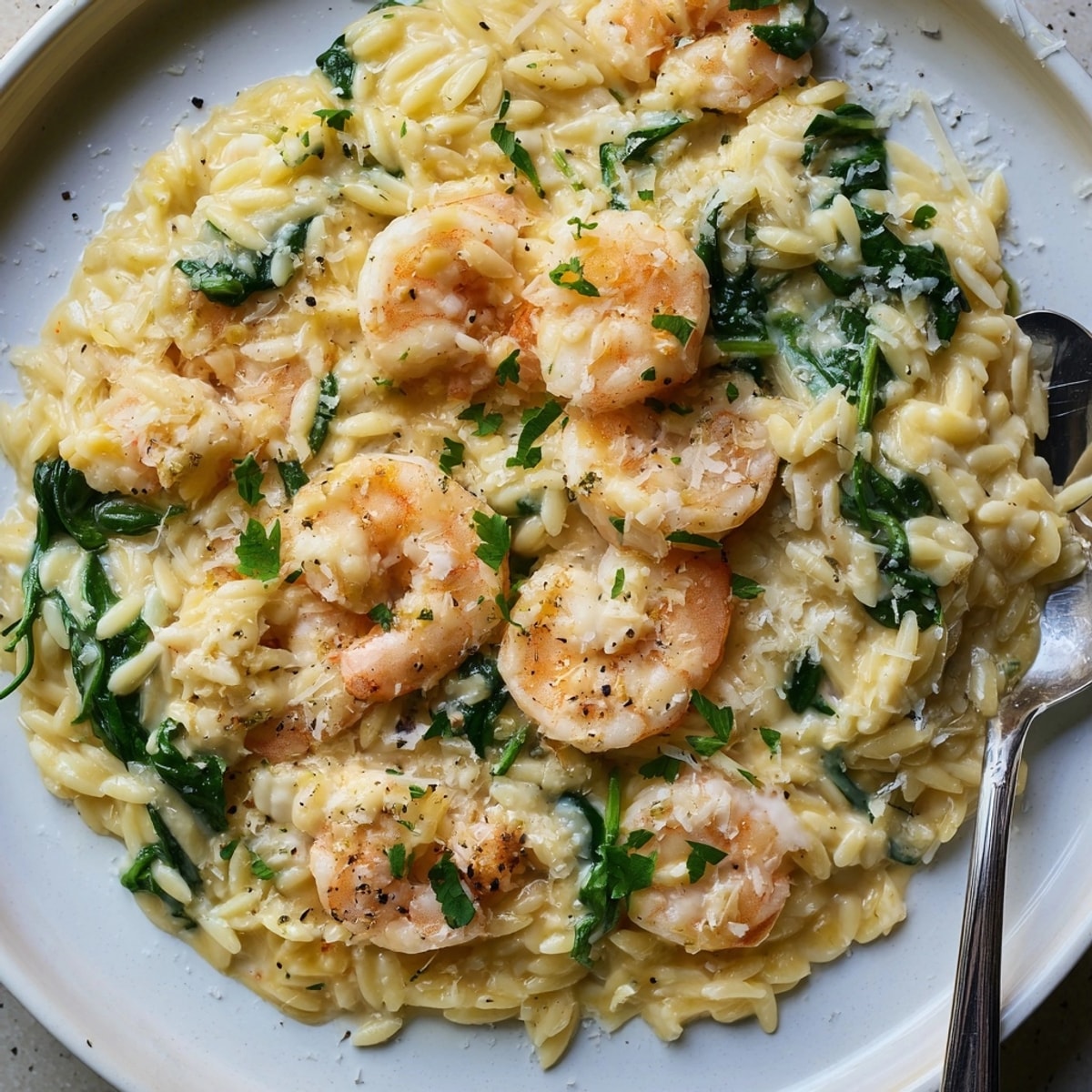 Eye-level view of creamy lemon orzo with shrimp, glistening with fresh parsley garnish.