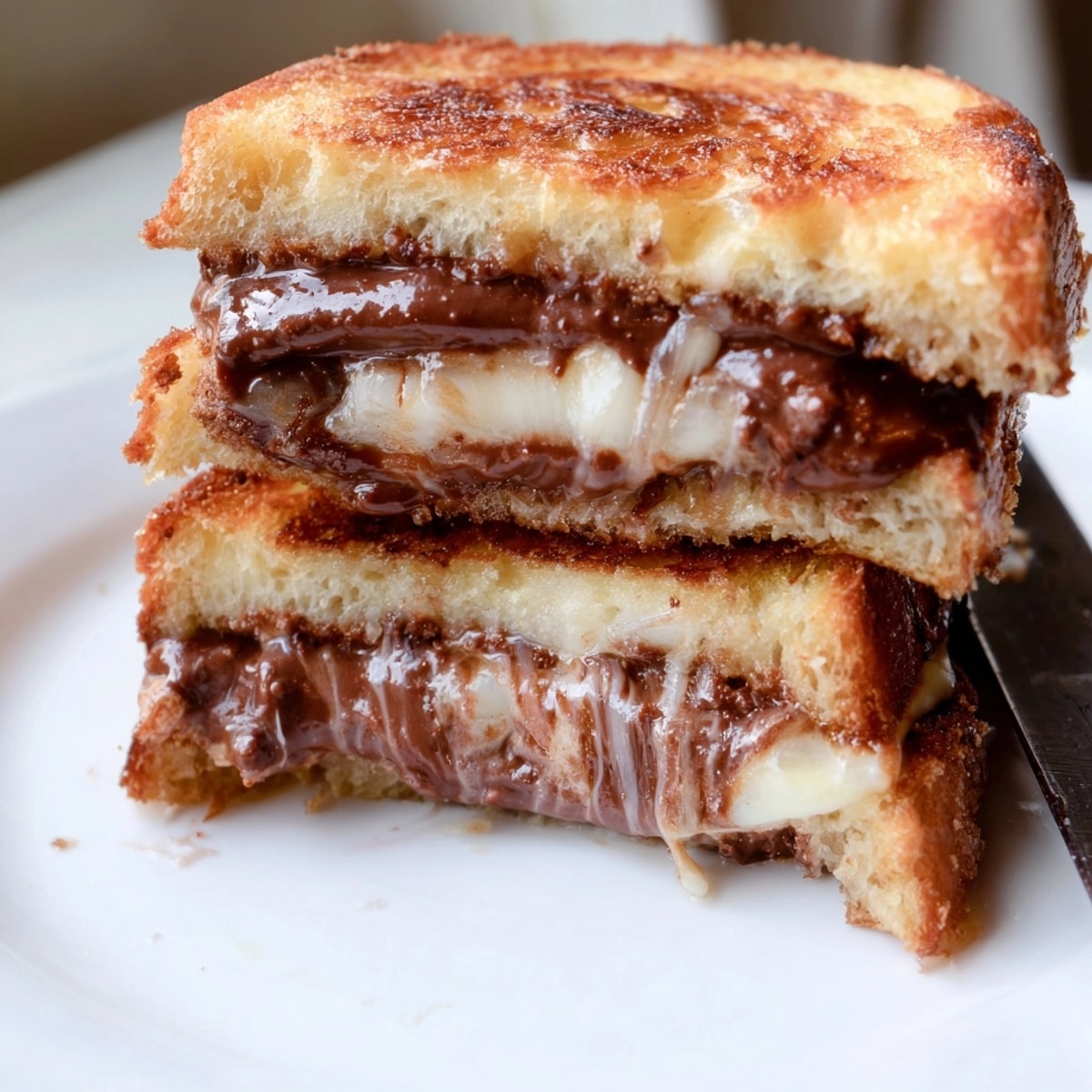 Golden Nutella Brie Grilled Cheese, oozing warmth—a dessert sandwich ready for slicing and sharing.