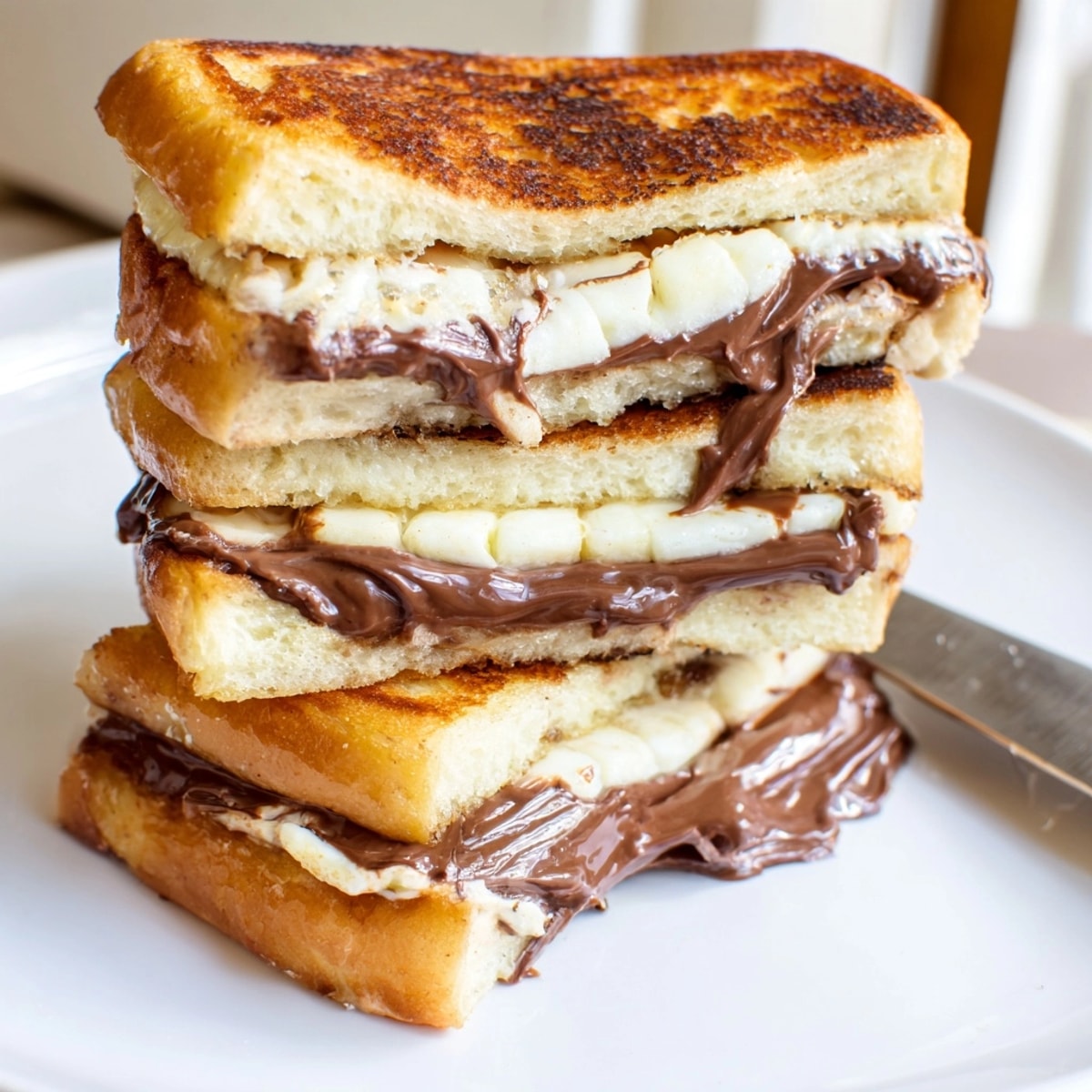 Melting Nutella Brie Grilled Cheese sandwich sizzling in a pan; a rich, comforting indulgence.