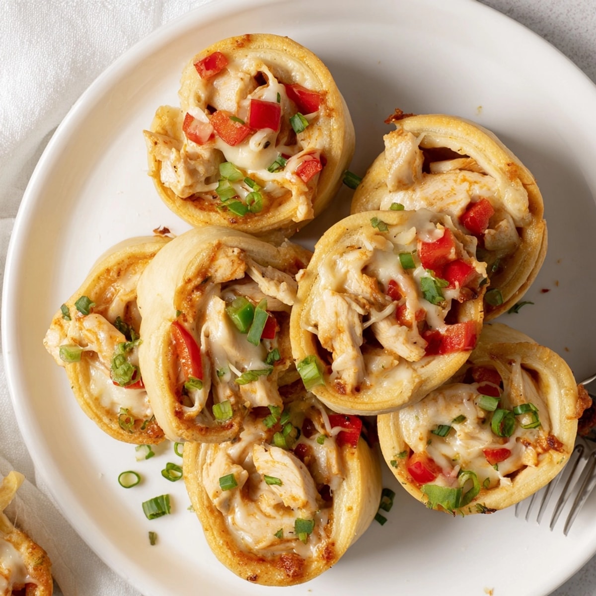 Close-up of cheesy, spicy Cajun Chicken Alfredo Pizza Rolls, a perfect appetizer to share.