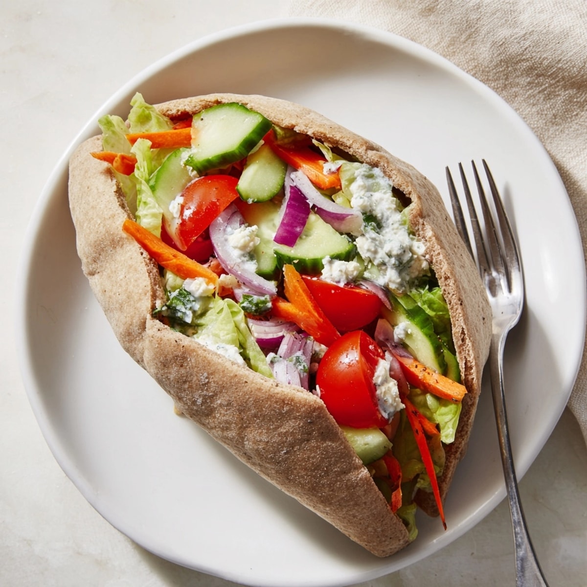 Creamy Garlic Ranch Veggie Pita Pockets, bursting with fresh, colorful garden vegetables.