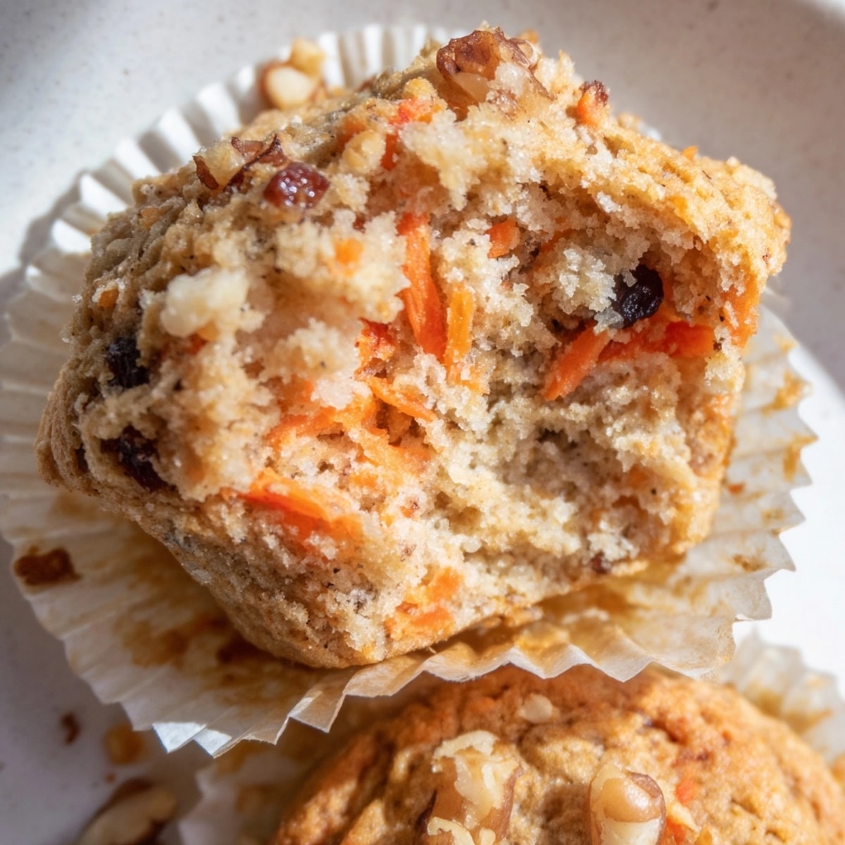 Close-up of golden-brown Protein Carrot Cake Ricotta Muffins, warm from the oven.
