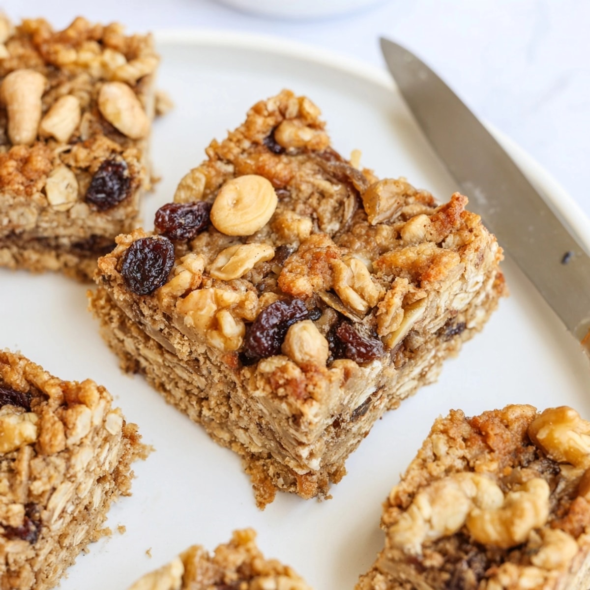 Golden-brown Peanut Butter Cinnamon Raisin Bars cooling on parchment paper, ready to slice.