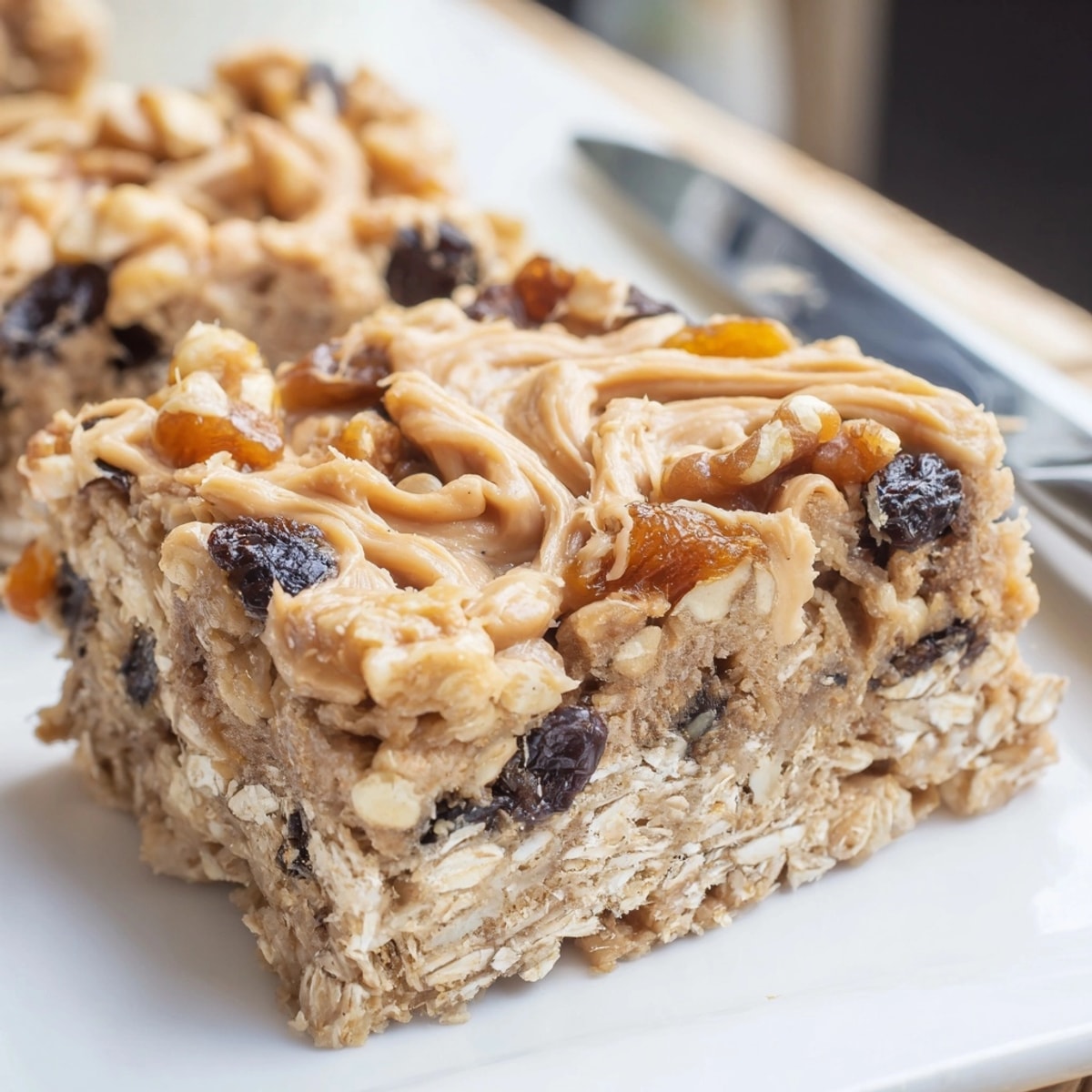 Warm, chewy Peanut Butter Cinnamon Raisin Bars recipe, a comforting snack alongside a cup of tea.