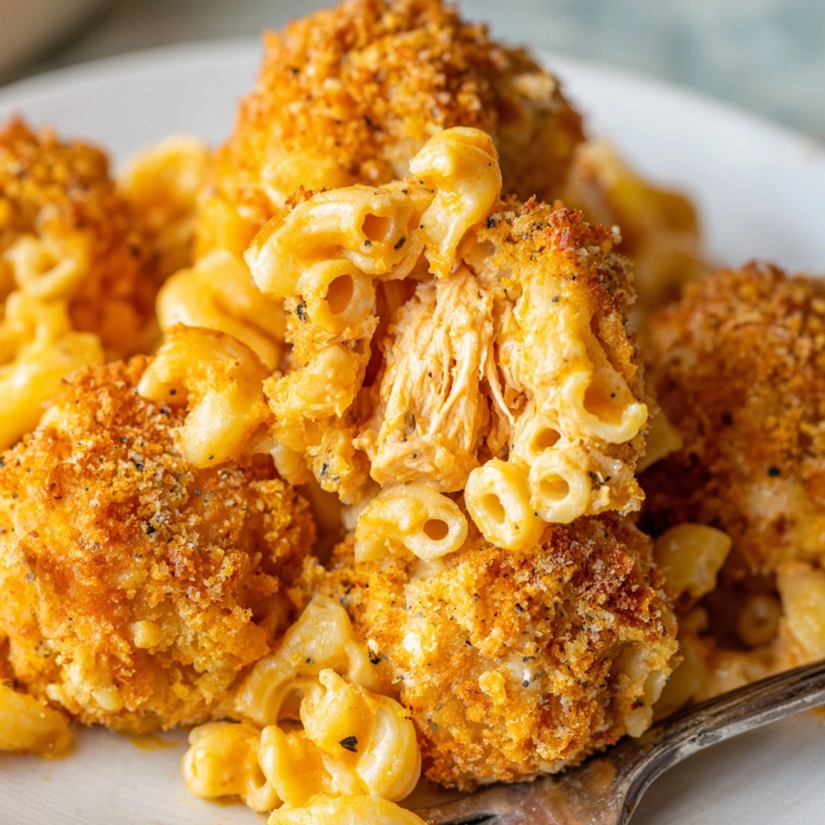 Crispy golden Mac and Cheese Buffalo Chicken Balls: bite-sized appetizers ready to serve.