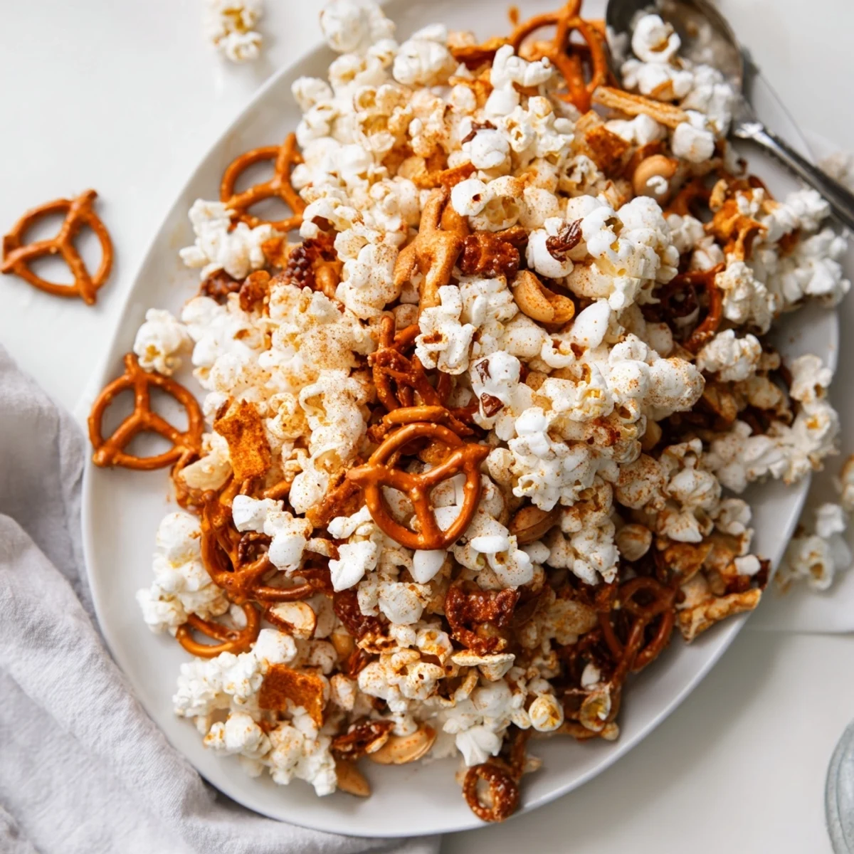 Spicy Holiday Snack Sriracha Popcorn Mix with crunchy peanuts and pretzels.  