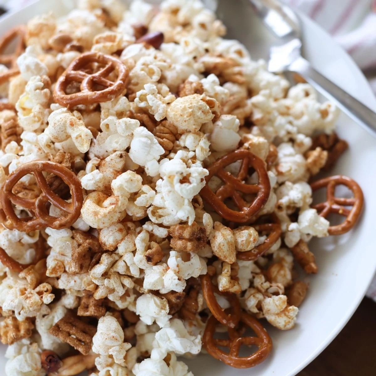 Colorful Holiday Snack Sriracha Popcorn Mix sprinkled with roasted seeds and cereal.