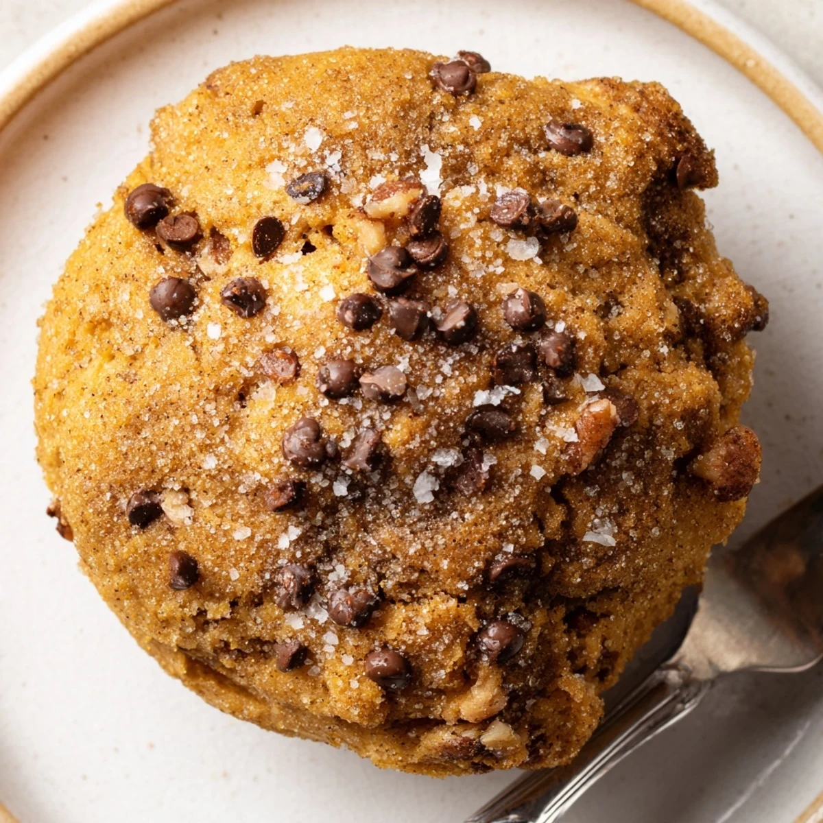 Warm pumpkin muffin cookie dough scones topped with chocolate chips and coarse sugar.  
