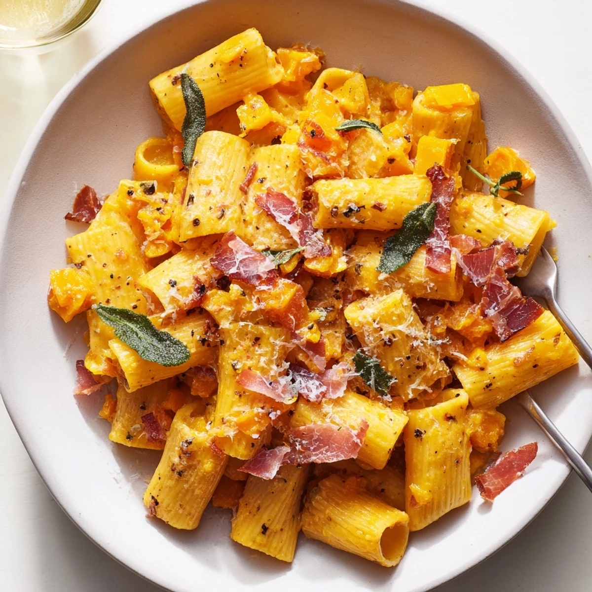 Delicious roasted pumpkin pasta garnished with crunchy prosciutto and Parmesan cheese.