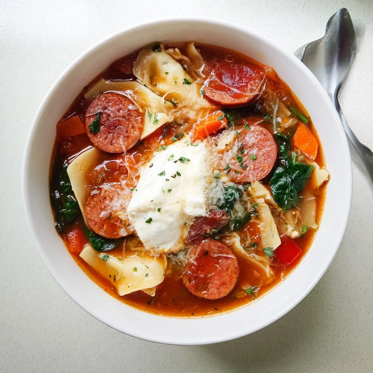 Hearty lasagne soup with smoked sausage, spinach, and creamy ricotta dollops.  