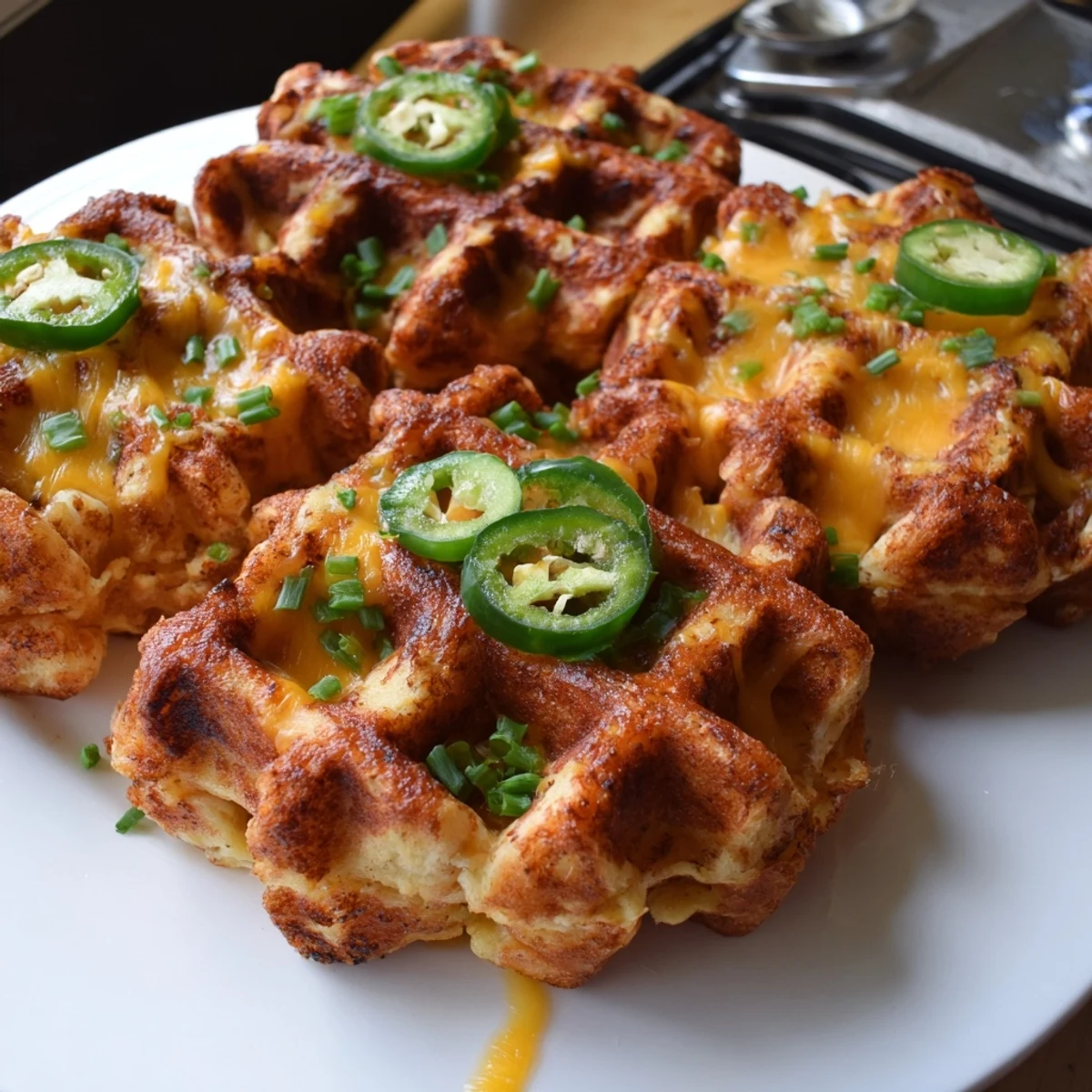 Savory Spicy Ranch Monkey Bread Waffles topped with fresh herbs and jalapeños.  