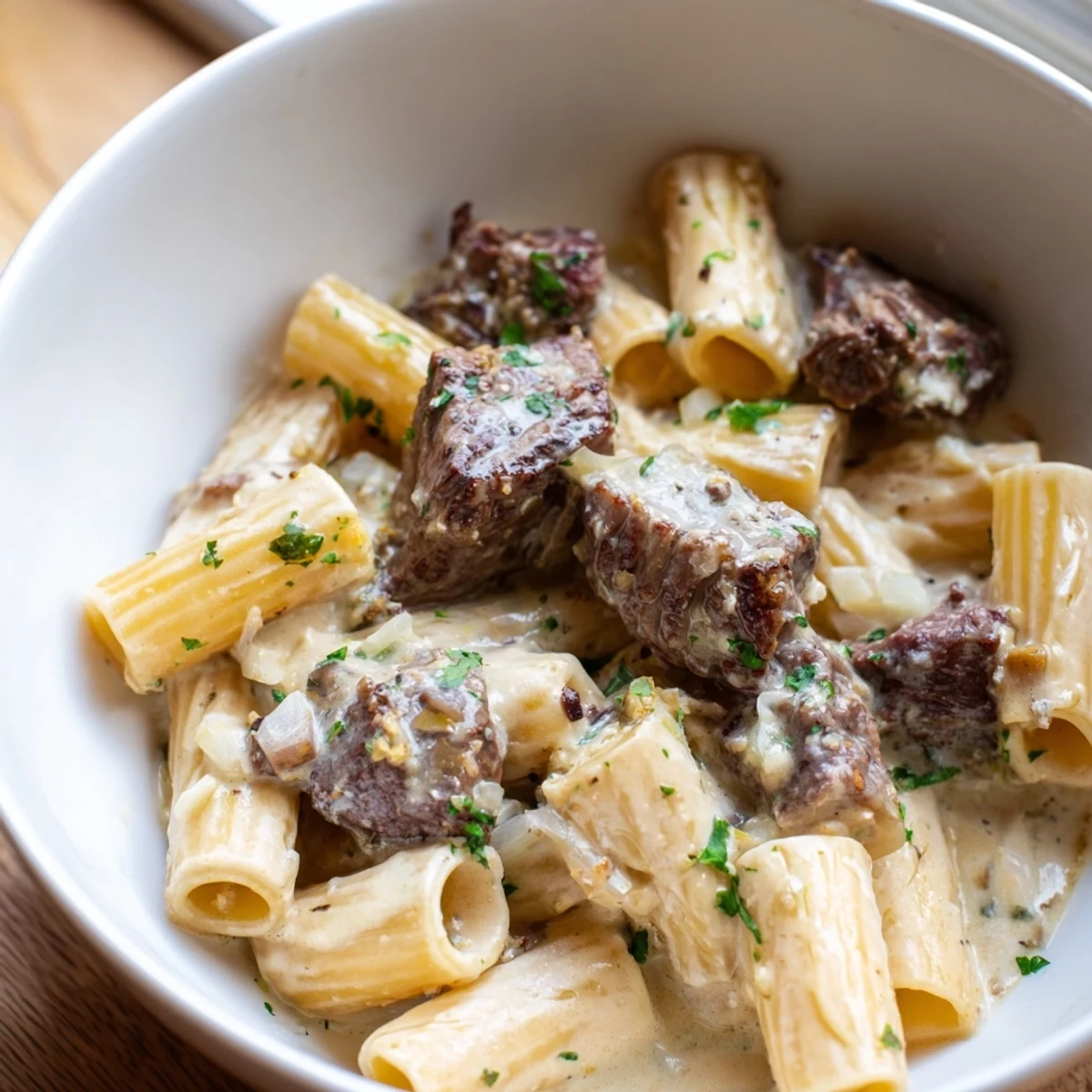 Succulent steak bites mingled with Garlic Butter Steak Parmesan Rigatoni, evoke indulgent flavors.