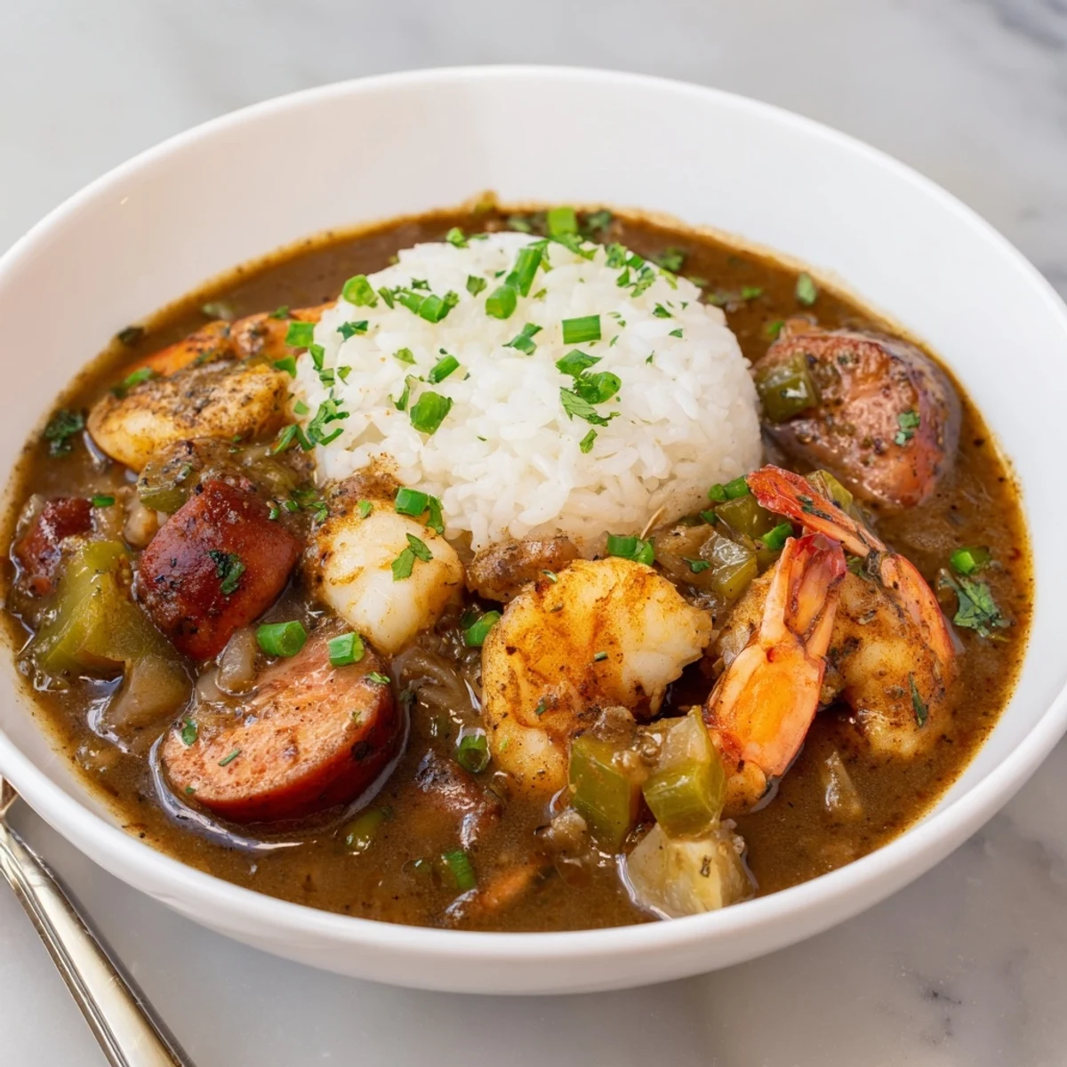Hearty Louisiana Seafood Gumbo served over fluffy white rice, garnished with fresh parsley.  