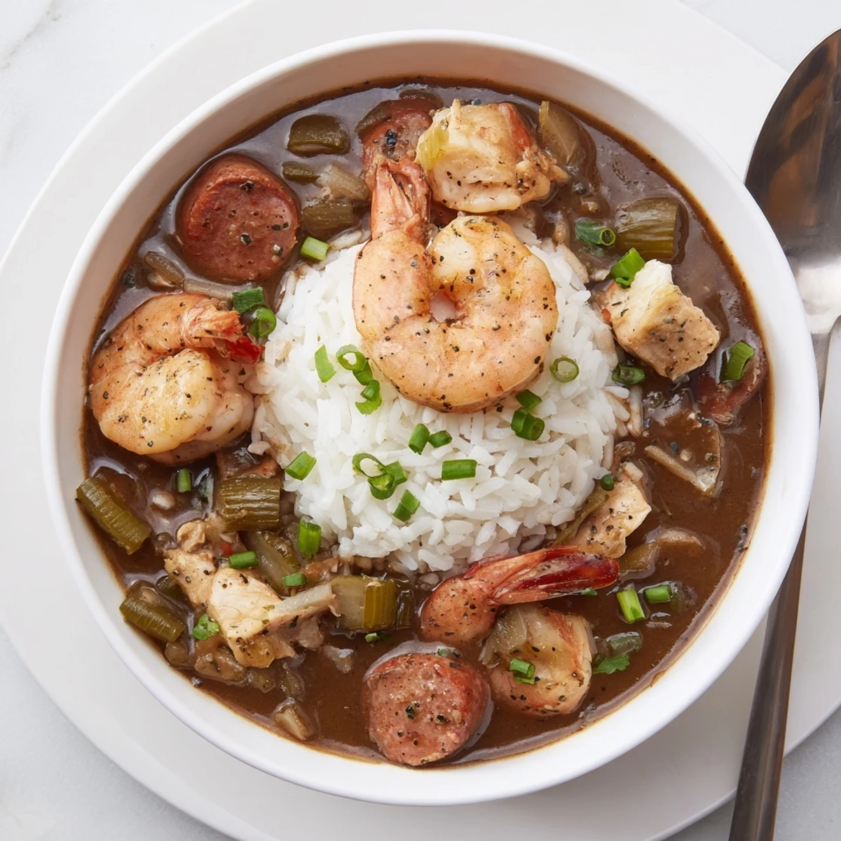 Comforting Louisiana Seafood Gumbo featuring a rich roux and a variety of succulent seafood.