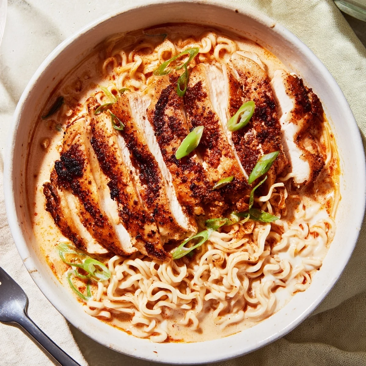 Delicious Fiery Chicken Ramen with Creamy Garlic Sauce in a cozy bowl.  