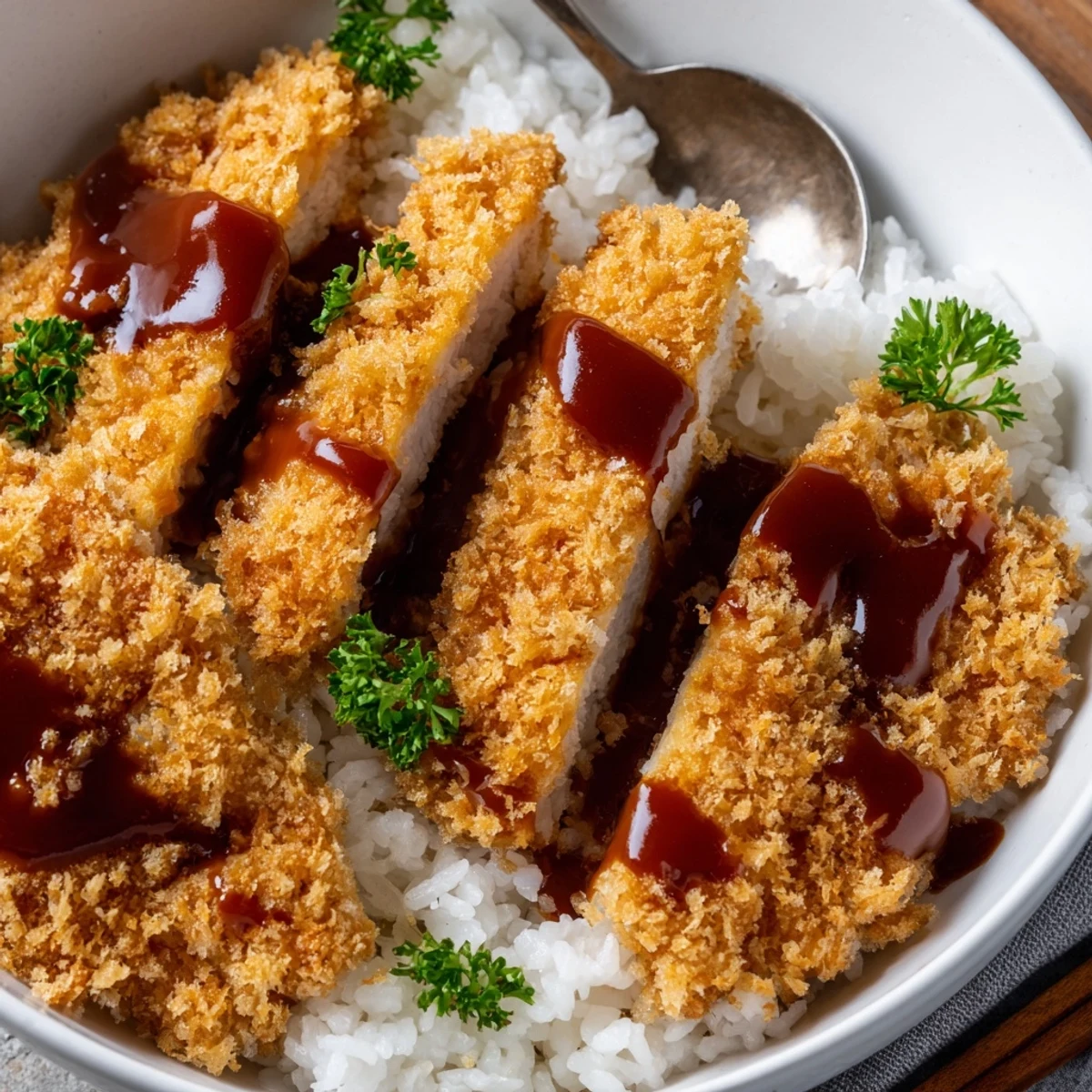 Crispy Japanese Katsu Bowls topped with rich tonkatsu sauce and fluffy rice.  