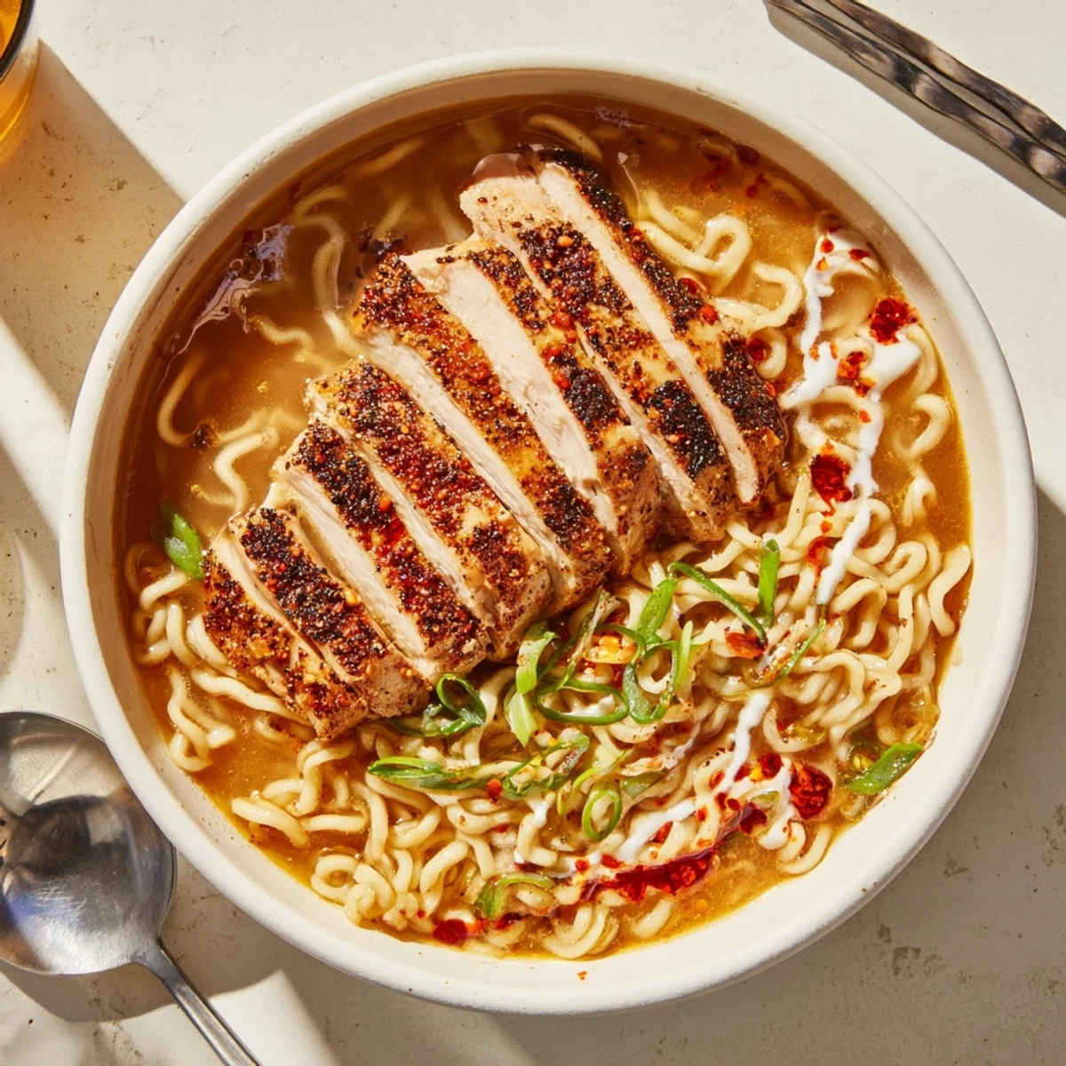 Bold Fiery Chicken Ramen with Creamy Garlic Sauce served in a vibrant bowl.  
